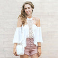 Off Shoulder Lace Chiffon Patchwork Pure Color 3/4 Sleeves Blouse