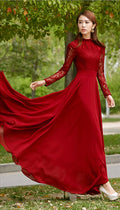 Charming Long Lace Sleeves Pleated Chiffon Long Red Maxi Dress - O Yours Fashion - 3