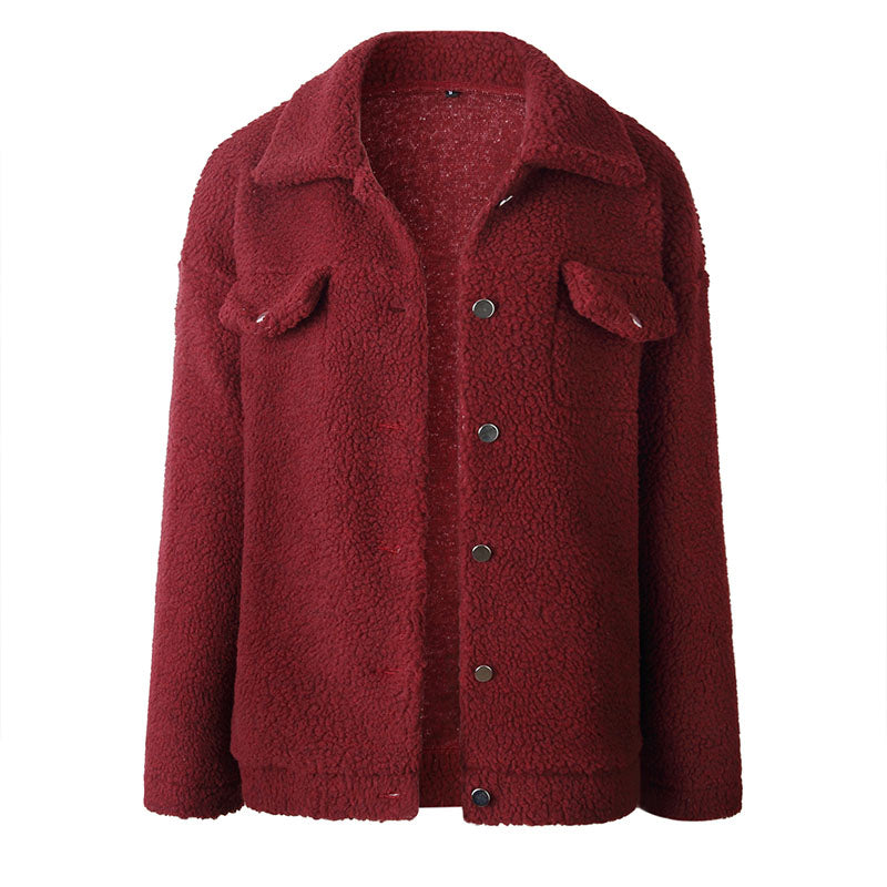 Plus Size Lapel Button Fleece Jacket