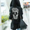 Skull Embroidered Hooded Belt Long Sleeves Mid-length Coat - OhYoursFashion - 2