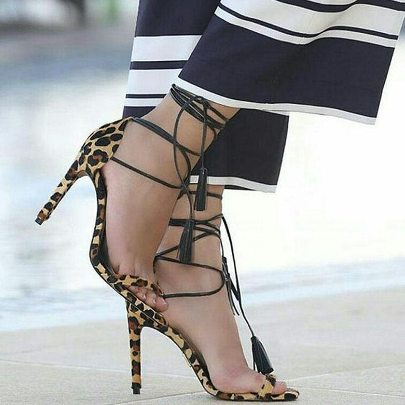 Sexy Leopard Strap Fringe High Heel Sandals