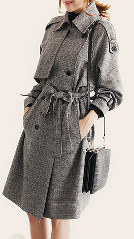 Turn-down Collar Long Sleeves Double Button Long Wool Coat - Oh Yours Fashion - 1