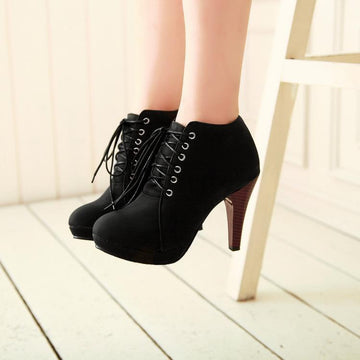 Round Toe Stiletto High Heel Lace Up Ankle Boots - OhYoursFashion - 1