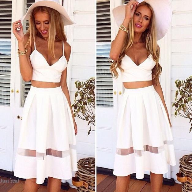 Spaghetti Strap Patchwork Crop Top with Long Skirt Two-piece Dress - OhYoursFashion - 1