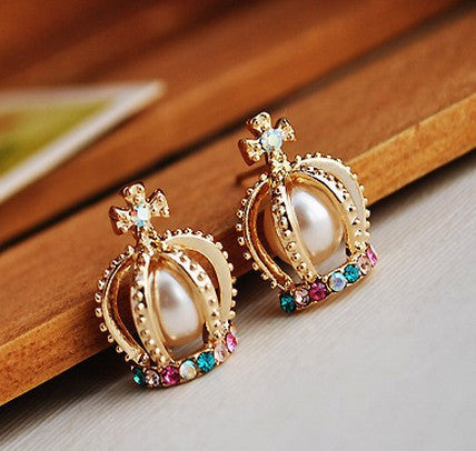 Crown Shape Colorful Rhinestone Stud Earrings - OhYoursFashion - 1