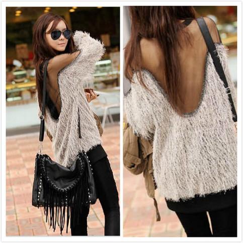 Mesh Patchwork Open Back Loose Sweater - OhYoursFashion - 1