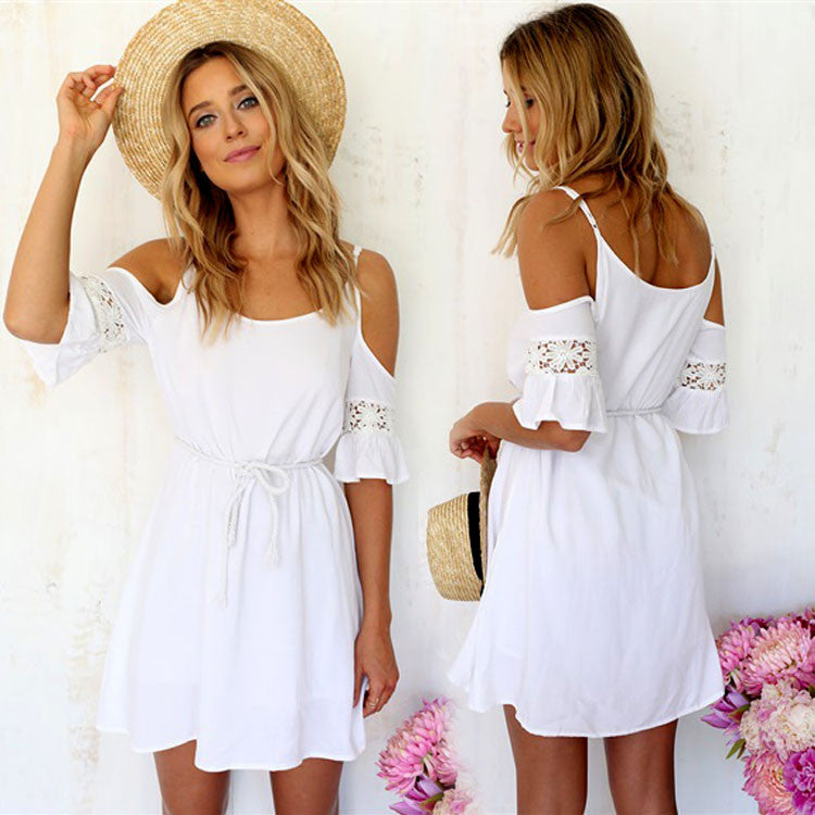 2016 Newest!! Women Summer Fashion Sweet Casual Lace White Off-shoulder Loose Strap Mini Dress - Oh Yours Fashion - 1