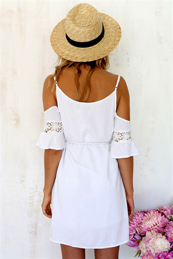 2016 Newest!! Women Summer Fashion Sweet Casual Lace White Off-shoulder Loose Strap Mini Dress - Oh Yours Fashion - 3